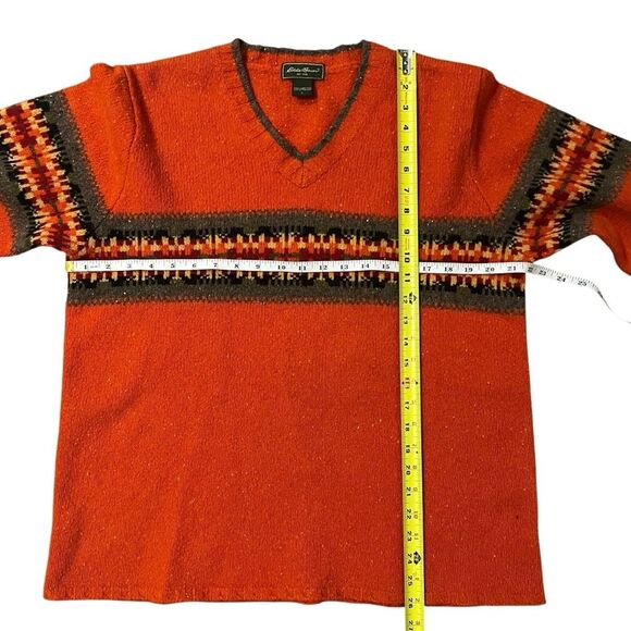 Eddie Bauer Vintage 90s Wool Sweater Orange V Neck Southwestern Boho Mens Large - Picture 4 of 4